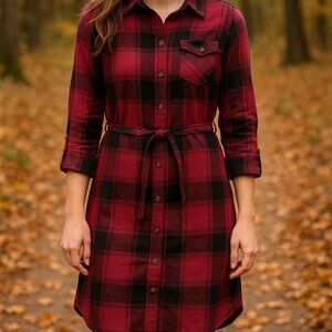Columbia Red Plaid Flannel Shirt Dress‎ Belted Roll Tab Sleeves Pockets Sz Small